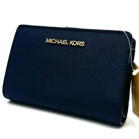 Michael Kors Medium Bifold Zip Chain Wallet Navy Blue - Picture 1 of 8